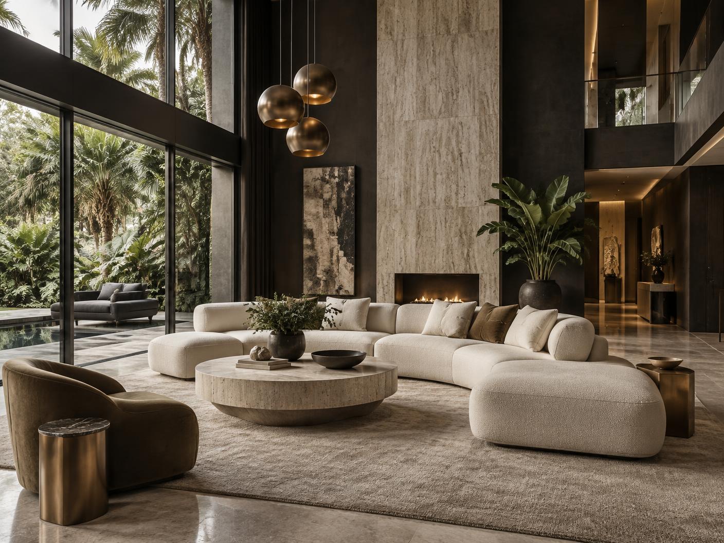 Oversized sectional in a double-height tropical living room