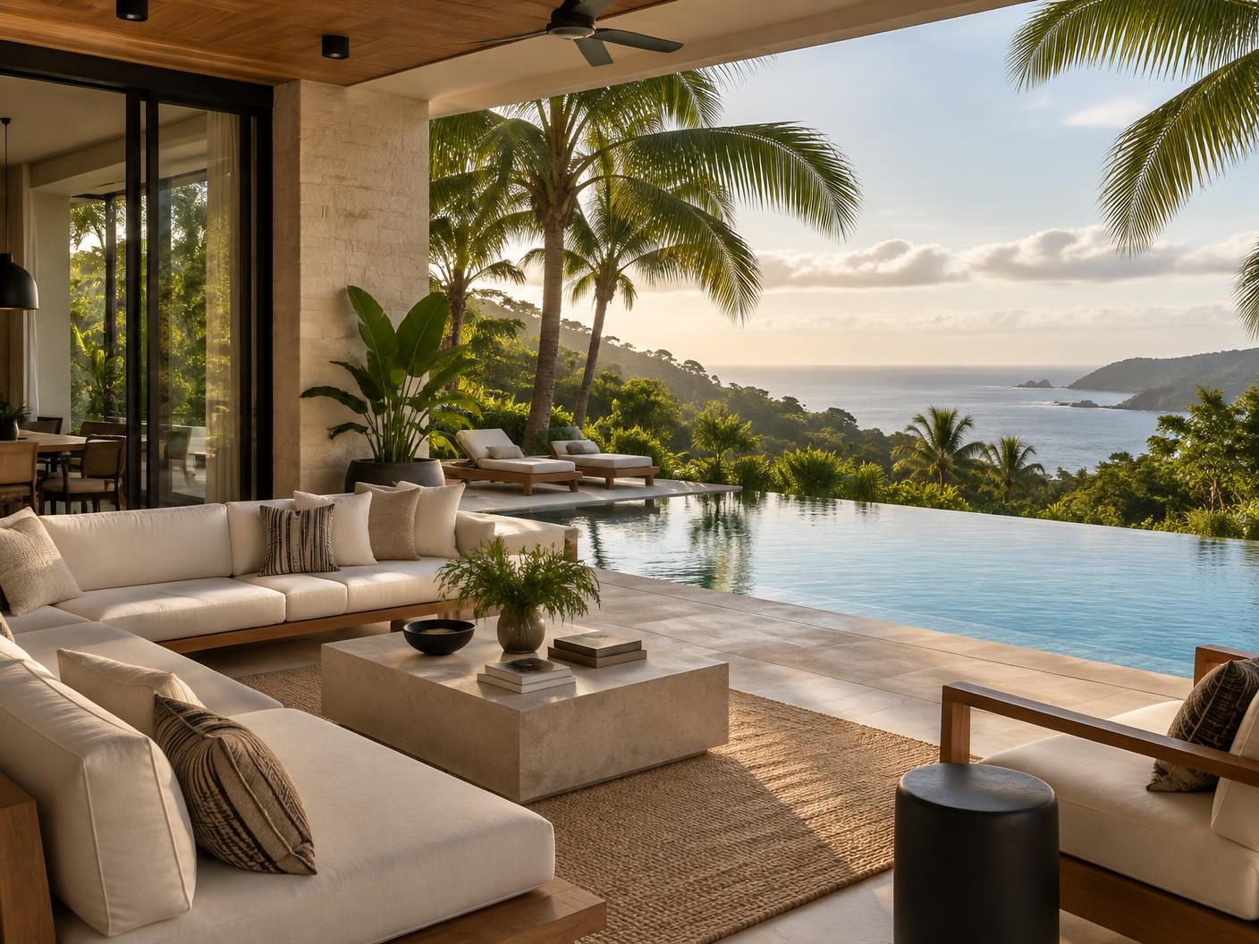 Teak outdoor furniture beside an infinity pool