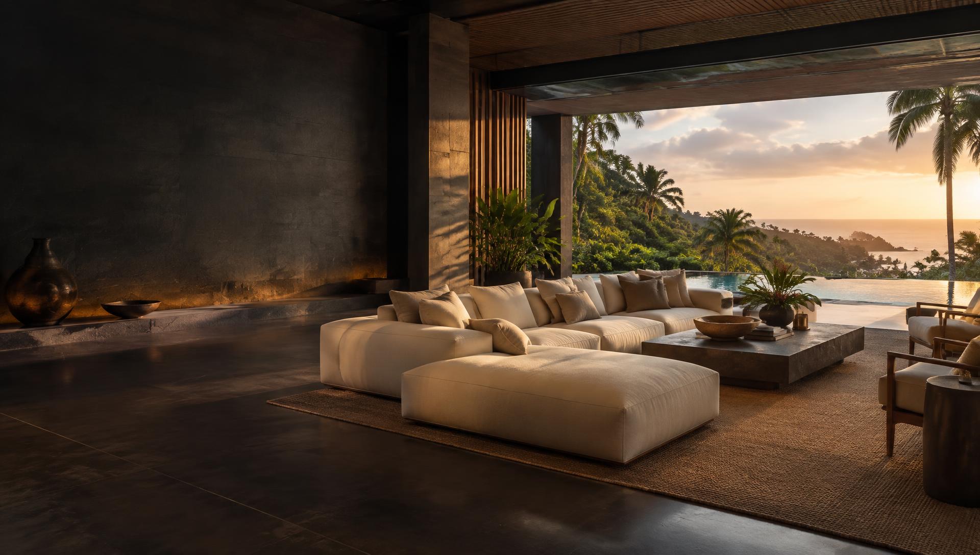 Luxury tropical villa living room opening to an infinity pool