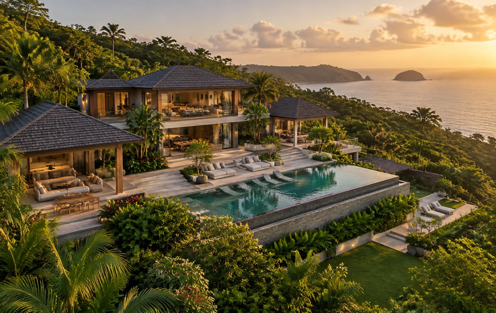 Complete tropical villa furnished across indoor and outdoor spaces